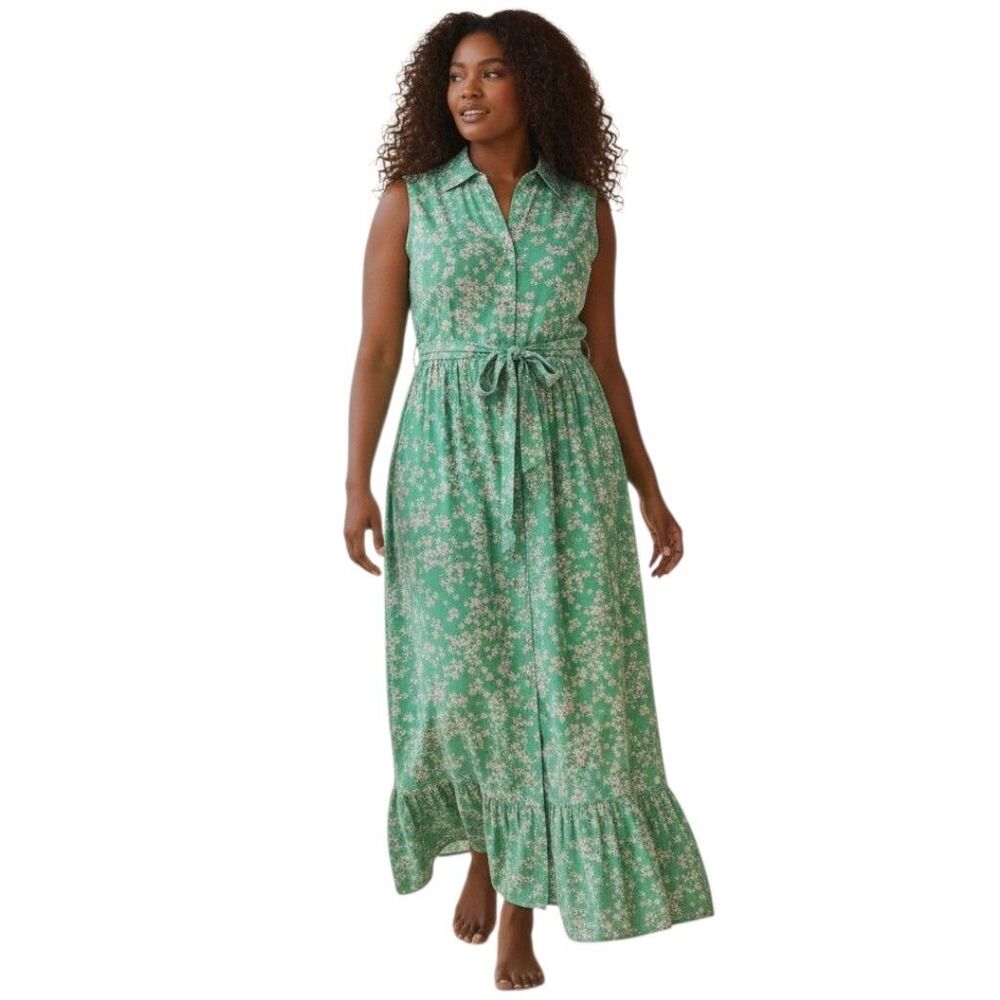 NWT Draper James XL Green Floral Maxi Dress Linen Blend Button Front Pockets